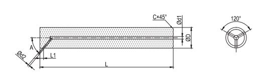 Een getekende hardmetalen staaf met 1 centraal koelkanaal en 3 Y-exits