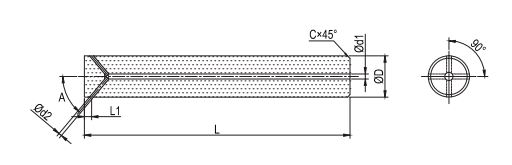 Een getekende hardmetalen staaf met 1 centraal koelkanaal en 4 Y-exits