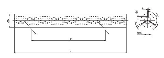 Een getekende lange hardmetalen staaf met 3 gedraaide koelkanalen