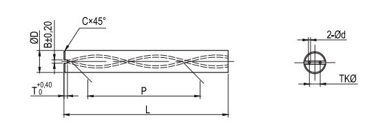 Een getekende hardmetalen staaf met 2 gedraaide koelkanalen en een koelkanaalverbinder