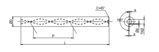 Een getekende hardmetalen staaf met 2 gedraaide koelkanalen